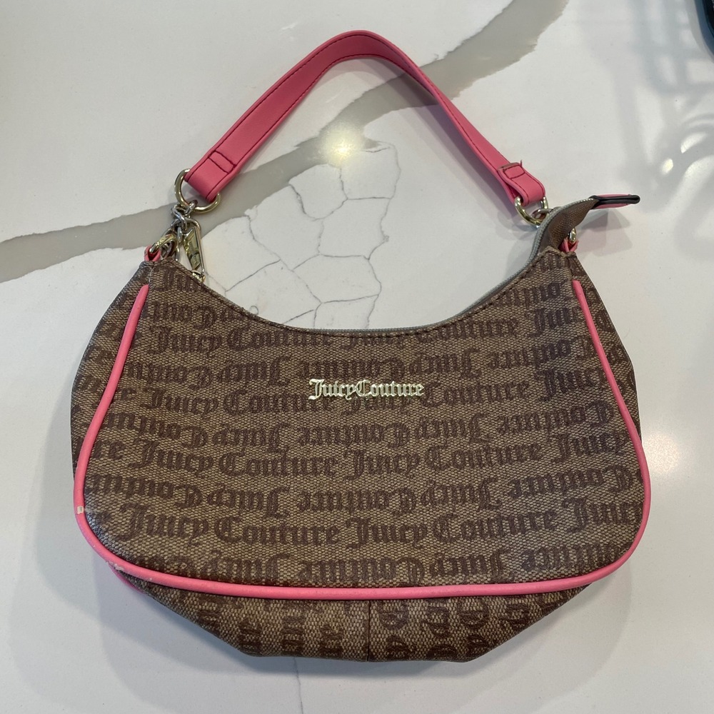 Juicy Couture Monogram Shoulder Bag Brown Pink Trim Y2K Hobo Handbag